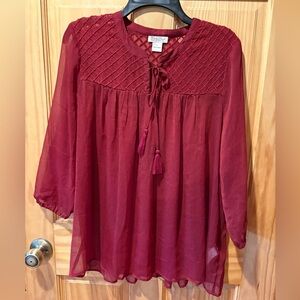 Lucky Brand boho-style blouse maroon or burgundy Sheer fabric with detail